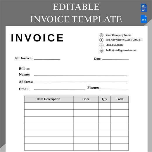 Editable Invoice Template for Google Docs, Word & PDF | Professional A4 Minimalist Business Form | Modern Small Business Receipt, Order Form - Etsy