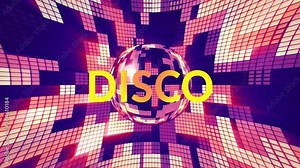 Animation of disco text over disco ball and shapes