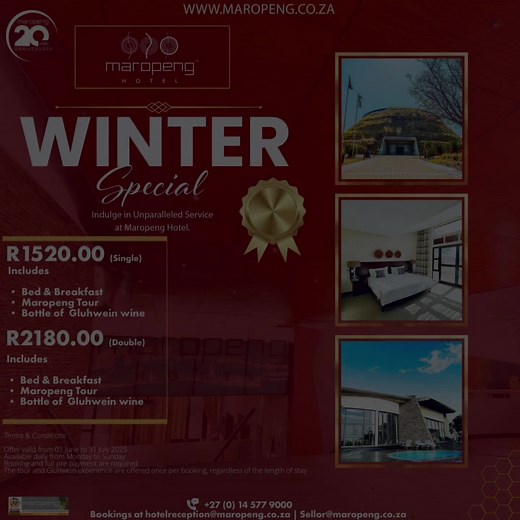 ❄️ Happy Monday from Maropeng Hotel! ❄️ Winter is calling, and so is comfort. Treat yourself to our Winter Special — starting from just R1520! ✨ Bed & Breakfast ✨ Maropeng Tour ✨ A bottle of Gluhwein wine to warm your soul Double package includes Dinner too! 🍷🍽️ Book now and indulge in an unforgettable winter escape. 📅 Offer valid 1 June – 31 July 2025 📍 www.maropeng.co.za | hotelreception@maropeng.co.za
