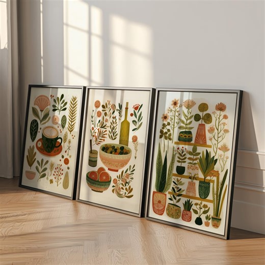 Kitchen Wall Art Set of 3, Mid Century Modern Kitchen Decor, Coffee Bar Print, Olive Oil Wall Art, Citrus Poster, Framed Botanical Prints - Etsy