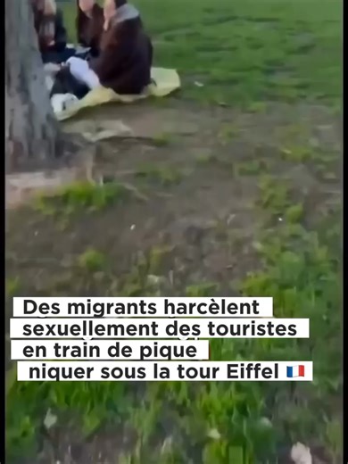 De jeunes hommes migrants harcèlent sexuellement un groupe de touristes féminines qui s’étaient assises devant la tour Eiffel pour pique-niquer. La “civilité” ne fait pas partie de leur lexique. #HarcèlementSexuel #Respect #SécuritéPublique