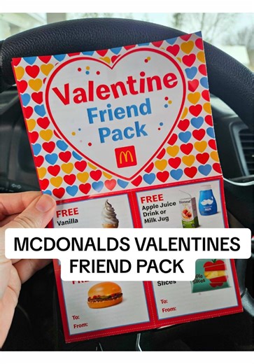 McDonald’s Valentine Friend Packs are here ❤️ For a limited time, grab a pack for just $2 at participating locations and score 12 kids’ freebie coupons valid from Valentine’s Day through May 29, 2027. Redeemable for kids 12 & under. Each pack includes: 🍎 3 FREE Apple Slices 🥤 3 FREE Apple Juice or Milk Jugs 🍔 3 FREE Hamburgers 🍦 3 FREE Vanilla Cones #fooddeals #mcdonalds #dailydeals #valentinesday #freebies @McDonald’s