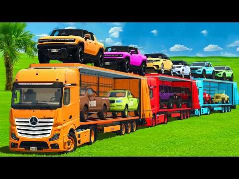 TRANSPORTING COLORED POLICE CARS, FORD, DACIA, USA 4x4 JEEP WITH TRUCKS - FS25