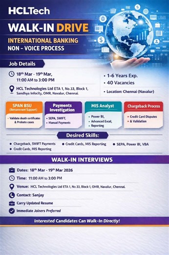HCLTech Walk-in Drive 2026 | International Banking Non-Voice Jobs | Chennai Hiring 🚀|#job #jobsearch