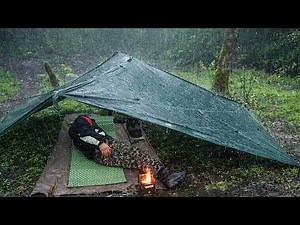 Solo Camping in Heavy Rain | Overnight with Only a Tarp