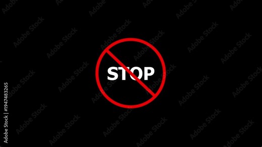 Emergency Stop Sign Animation with Red Prohibited Icon and White Text on Black Background for Process Interruption