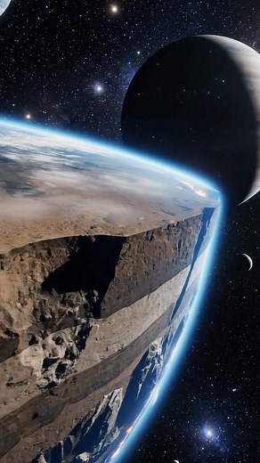 From high above, the flat Earth’s edge shows layers of dense rock, shimmering metals, and glowing veins. The horizon ends abruptly, fading into the void beyond. Could this be what the edge really looks like? #AIArt #FlatEarthEdge #DigitalLayers #CinematicAI #AIGenerated This content isn’t real — it’s a simulated ‘what if’ scenario created by AI for visual exploration.