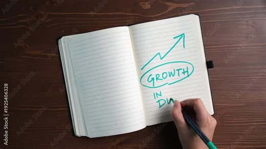 Growth in Dubai concept background video with bold words in notepad with marker