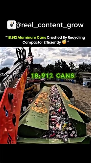 real content on Instagram: "An aluminum can recycling compactor is shown in action. Thousands of aluminum cans are loaded into the machine. Hydraulic arms crush and compress the cans into dense blocks, reducing their volume for easier handling. A total of 18,912 cans are processed in a single operation. The compacted blocks are ready for transport to melting facilities, allowing the aluminum to be reused efficiently and sustainably. The process saves space, reduces waste, and supports large-scal