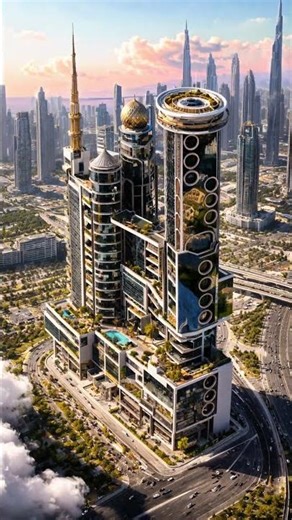 A breathtaking futuristic skyscraper complex rising above the clouds
