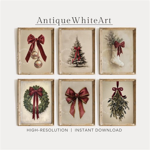 Vintage Christmas Prints: Gallery Set of 6, Christmas Tree & Red Bow Wall Art | S157 - Etsy