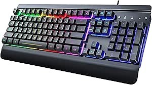 RisoPhy Gaming Keyboard, 104 Keys All-Metal Panel, Rainbow LED Backlit Silent Computer Keyboard, Wrist Rest, Multimedia Keys, Anti-Ghosting, Waterproof Light Up Wired Keyboard for PC Mac Gamer