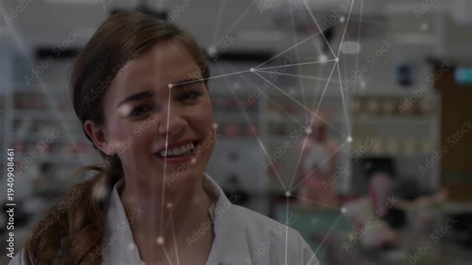 Woman in lab coat reacting to network overlay, shifting gaze and welcoming pharmacy customers