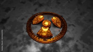 3d animation of a golden radiation sign on a metal surface. The radiation sign swells and takes on the lush shape of a balloon. 3d rendering of an abstract composition.