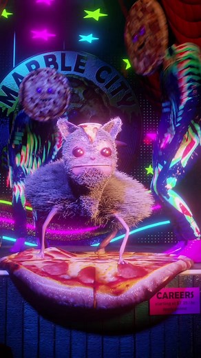 Unique Animated Character Design Featuring 3D Cats and Pizza