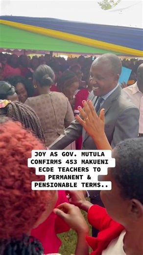ECDE Teachers absorbed as permanent and pensionable. 453 ECDE teachers on contract were on Monday absorbed by Makueni County as permanent and pensionable at a colourful ceremony presided over by Governor Mutula Kilonzo Jr. at the county headquarters. Governor Mutula told the teachers that the appointment was a testament of their hard work as they went about shaping the future of our children. The first cohort of 497 were absorbed by the County in January this year. The teachers were recruited in