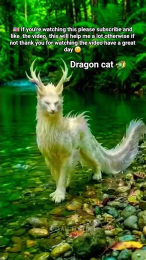 🇺🇸 A white, cat creature branching antlers, a dragon face stands on riverbank in a tropical forest