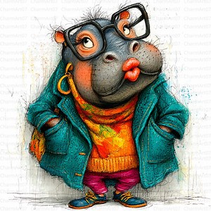 Quirky Hippo Clip Art, Hippo Clipart Bundle, 18 Watercolor Clip Art, Junk Journaling, Card Making, Digital Download, Whimsical Funny Animal - Etsy