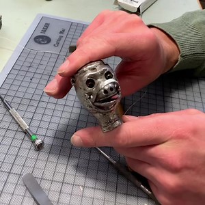Stress testing this cane top monkey automaton. It came in as a box of bits. Nearly finished now. #monkey #cane #workshop #walkingstick #automata #silver #ventriloquist #clockwork #dapper #antique | The House of Automata
