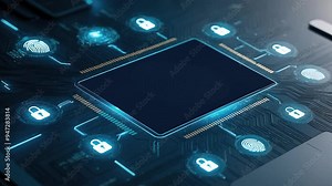 Advanced fingerprint scanning system with AI technology. Futuristic graphics and cybersecurity symbols, a padlock, highlighting the protection of personal information.