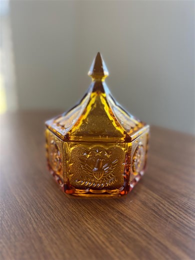 Vintage Tiara Colonial Amber Glass Candy Box With Lid | Eagle Pattern Covered Dish | Colonial Amber Pressed Glass Trinket Box - Etsy