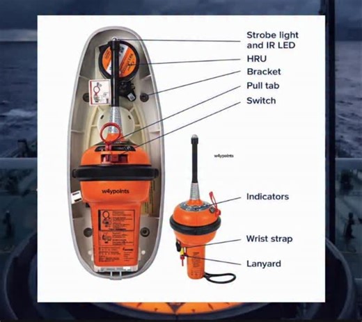 Maneesh_mangal on Instagram: "Basic Things To Know ✅⚓️ This image shows an Emergency Position Indicating Radio Beacon (EPIRB) and its main parts. An EPIRB is a life-saving distress device used in maritime emergencies. When activated, it transmits a distress signal via satellite to alert rescue authorities of a vessel or survivor’s location. Brief explanation of labeled parts: ✅Strobe light & IR LED – Help rescuers visually locate survivors, especially at night. ✅HRU (Hydrostatic Release Unit) – 