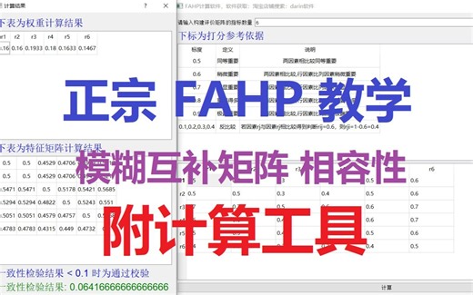 真正的模糊层次分析法教学，FAHP计算模糊互补矩阵、指标相容性、权重计算工具使用介绍，非AHP 模糊综合评价