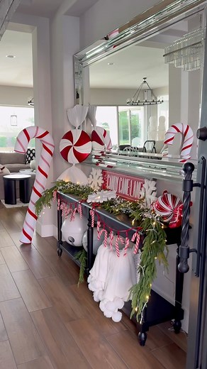 Welcome to Candy Cane Ln. 🤍❤️ Your entryway sets the tone for your Christmas decor! #christmastree #modernfarmhouseglam #Christmas #christmasdecorating | Modern Farmhouse Glam