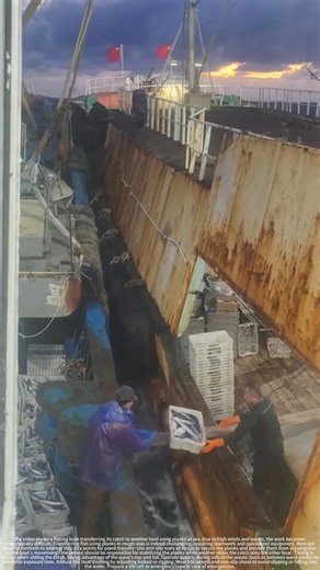 Transferring the catch to another boat – the rough seas made the work exceptionally difficult.