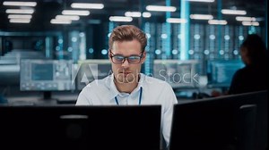 High-Tech Data Center Server Control: IT Specialist Administrator Working on Computer, Screen Showing Advancing Big Data AI Analysis. Web Services, Cloud Computing, Analytics Facility, Cyber Security
