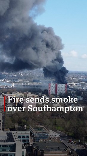Thick black smoke across Southampton. Drone video shows the impact of a major fire near St Mary's Stadium #bbcsouthnews #southampton #fire #southamptonfire | BBC Hampshire & Isle of Wight
