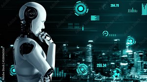 Futuristic robot artificial intelligence huminoid AI for industrial factory technology development and machine learning concept. robotic bionic science research for future of human life. 3D rendering.