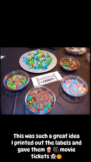 We had so much Fun when we did this! I printed out labels for the table, I printed out tickets 🎟️ for the movie. We watched movies, and played games and at the end of the night put glow sticks on and played hide and seek in the dark lol #Halloween #halloweendecor #halloweenfun #party #movietime | Kickin' It With Nikki