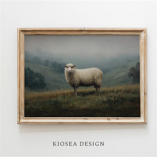 Vintage Sheep Oil Painting, Moody Pastoral Farmhouse Wall Art, Antique Foggy Landscape Print, Dark Academia Rustic Animal Portrait - Etsy