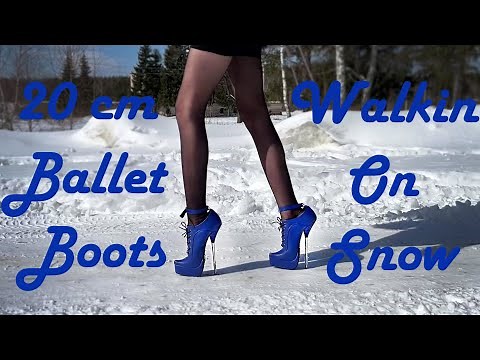 Alina trying to walk in 20cm Ballet High Heels Boots on Snow Road, Ballet Boots Outdoors (# 1008)