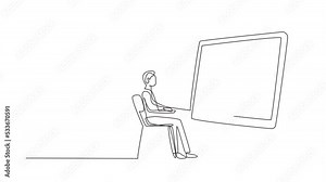 Animated self drawing of continuous line draw male student sitting studying staring at giant monitor screen and inside laptop there is male lecturer who is teaching. Full length one line animation.