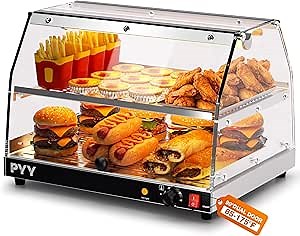 PYY Commercial Food Warmer Display, 2-Tier Electric Countertop Food Warmer with LED Lighting Adjustable Glass Door, Pastry Display Case for Restaurant Sliver