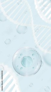 Vertical abstract background with transparent spherical bubbles and DNA strands. 3d animation
