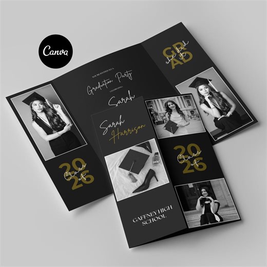 Graduation Gatefold Invitation Template Canva, Editable Graduation Invite With Photo, Black Modern Grad Invitation, Printable Announcement - Etsy