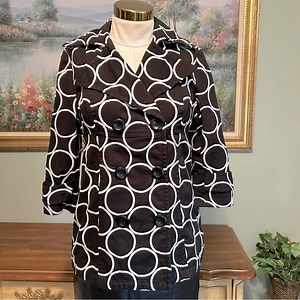 INC Black & White Embroidered Circle Double Breasted Trench Pea Coat Jacket