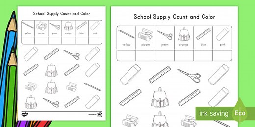 Kindergarten School Supplies Count and Color Worksheet