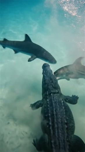 Ocean Clash — Crocodile Battles Three Sharks in Real Footage in Chicago #chicago #usa #shortvideo