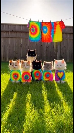 Mama cat tie-dyes shirts for each of her kittens 🌈