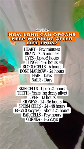 225 reactions · 42 shares | Life after life! Did you know some organs can keep working even after death? Mind-blowing facts about how long different body parts can function after life ends.  #OrganDonationAwareness #MedicalFacts #LifeAfterDeath #BiologicalWonders #HumanBodyFacts | James Michael | Facebook