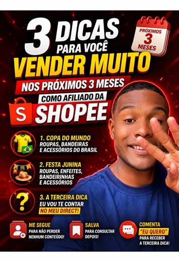🚨 Se você quer vender MUITO nos próximos 3 meses na Shopee, precisa entender isso: Existem produtos que vendem o ano inteiro… E existem produtos que EXPLODEM em épocas específicas 👀🔥 E os afiliados que mais faturam são os que conseguem identificar essas oportunidades antes da maioria. No vídeo eu te mostrei: 🇧🇷 produtos da Copa que vão vender MUITO 🎉 produtos de Festa Junina que estão começando a bombar 📈 e ainda tem uma terceira estratégia que pode fazer você destravar suas vendas nos pr