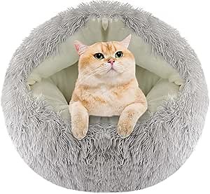 Round Soft Plush Fluffy Dog & Cat Bed - 22 Inch Self Warming Cave Bed, Washable for Small Dogs & Cats (Grey)