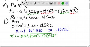 The cost to produce bottled spring water is given by the cost equation C=16 x 63, where x is the number of bottles in thousands. The total revenue from the sale of these bottles is given by the equation R=-x^2 326 x-18,463 . (a) Determine the profit equation (profit = revenue - cost ) (b) After a bad flood contaminates the drinking water of a nearby community, the owners decide to bottle and donate as many bottles of water as they can, without taking a loss (i.e., they break even: profit or P=0 