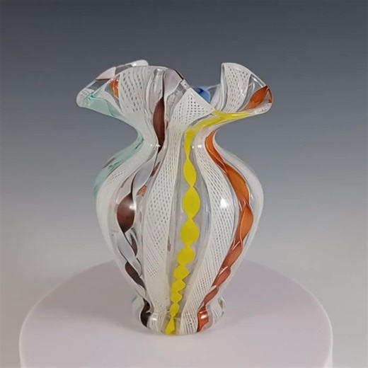 Murano / Venetian Zanfirico Filigree Glass Vintage Vase https://www.20thcenturyglass.com/store/index.php?main_page=product_info&cPath=65_260&products_id=13673 #zanfirico #zanfiricoglass #muranoglass #venetianglass #italianglass #antiqueglass #artglass #vintageglass #retroglass #glassware #homedecor | 20th Century Glass