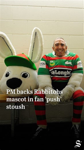 Prime Minister Anthony Albanese has defended Charlie Gallico, otherwise known as long-time South Sydney mascot Reggie The Rabbit, after he was accused of pushing a nine-year-old boy at Shark Park on Saturday. Read more at the link in bio. | The Sydney Morning Herald