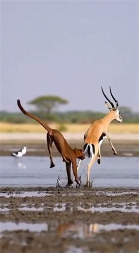Fossa vs Grant’s Gazelle on the a seasonal pan dotted with wading birds